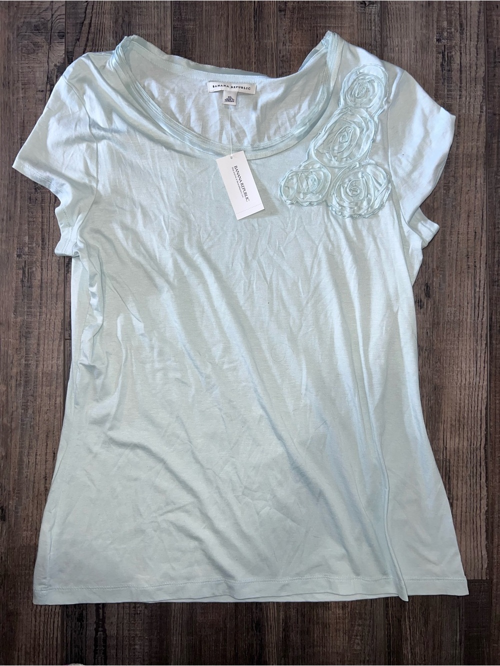 Banana Republic Pale Blue Short Sleeve Tee with Floral Rosette Detail
